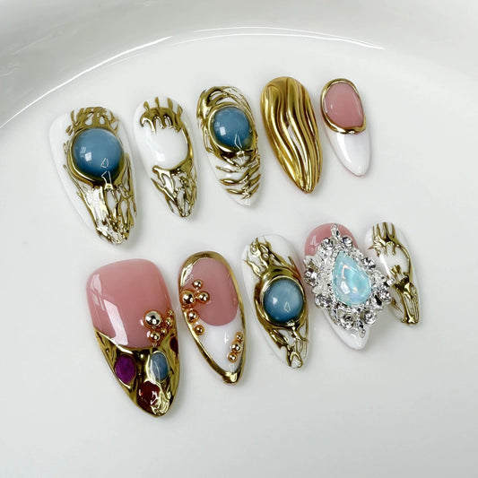 Handmade Almond Fake Nails White French Tip Press on Nails Short Gold Embossed False Nails with 3D Swirl and Charms Designs Short Acrylic Nails with Glue for Wome (Size M)
