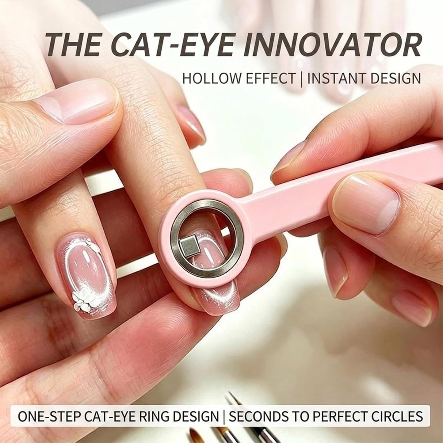 Ring-Shaped Cat Eye Magnet for Nails, Hollow Magnetic Design Circle Cat Eye Magnet for 3D Halo French Tip Nail Art, Home Salon DIY Manicure Tool (2Pcs-Black)