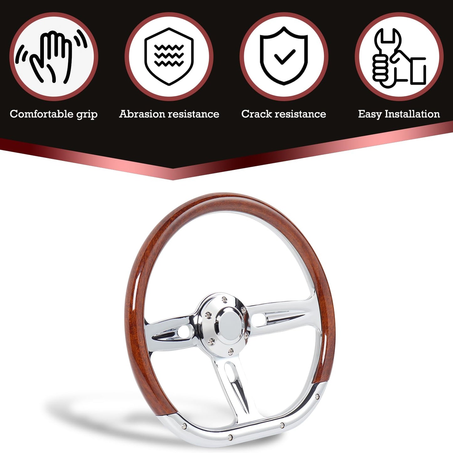 Fanower 14Inch Wood D-Shape Universal Steering Wheel - Chrome-Plated Aluminum Alloy 3 Spokes 6 Holes 50mm Deep Dish for Racing Car Classic Car Vintage Car 350mm Universal Wood Grain Steering Wheel