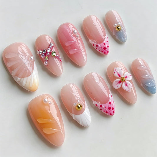 Luxury Press on Nails Medium Almond Handmade 3D Unique Reusable ABS Material Fake Nails French Tip False Nails with Designs Rhinestones Floral Art Petal Glossy Glue on Thick Acrylic Nails(S)