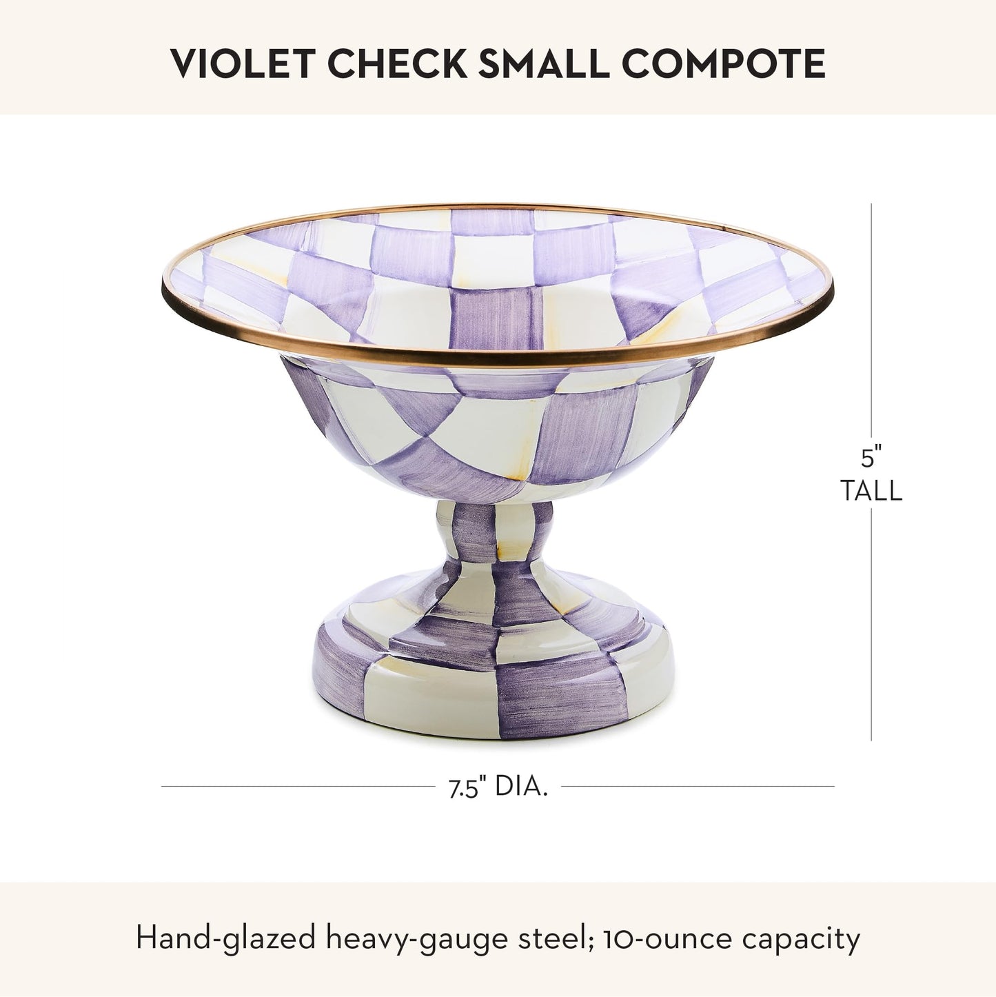 MACKENZIE-CHILDS Enamel Compote, Pedestal Serving Dish or Decorative Bowl, Small, Purple-and-White Violet Check