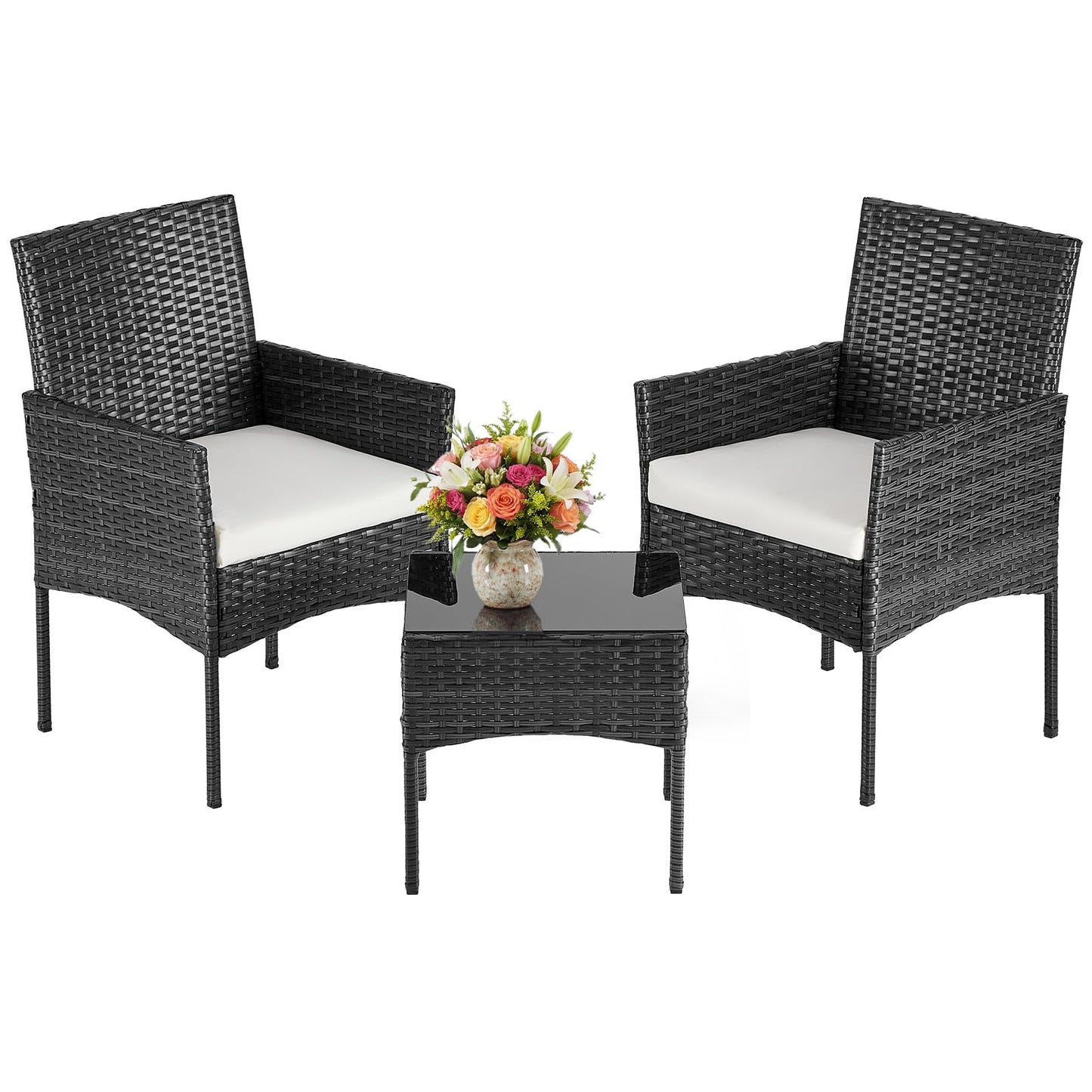 DUMOS 3-Piece Patio Furniture Set, All-Weather Outdoor Wicker Chairs with Removable Cushions & Tempered Glass Table, Small Bistro Set for Porch, Balcony, Lawn, Backyard, Black