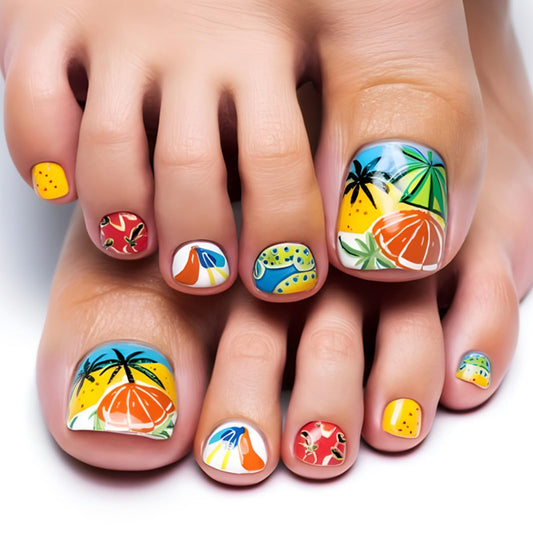 Summer Beach Press on Toenails Short Fake Toe Nails with Orange Coconut Tree Seagull Designs Summer Toenail Press ons Glossy Acrylic False Toenails Reusable Glue on Toe Nails for Women