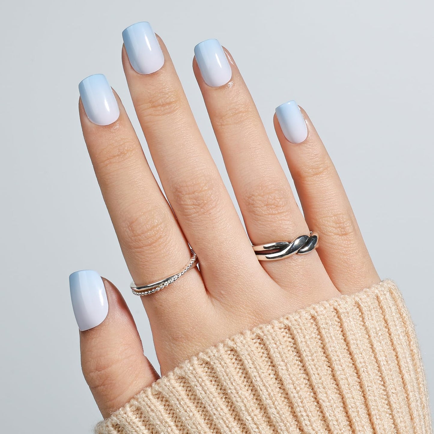 Ombre Press On Nails Square - Light Blue Short Square Fake Nails, Blue Press On Nails Reusable Stick On Nails in 15 Sizes, 30pcs False Nail Kit for Women & Girls (Blue Ombre)
