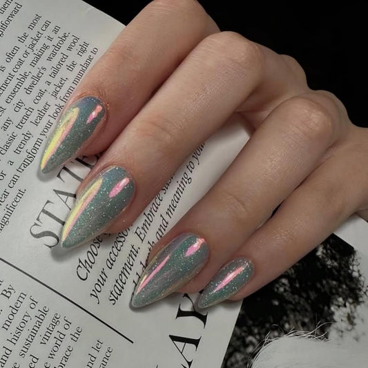 Chrome Press On Medium Almond - KQueenest Glitter White Press On Nails, Sparkle Gel Fake Nails Press on with Mirror Effect, Shinny Glitter Glue on Nails Stiletto, Reusable Stick On Nails for Women