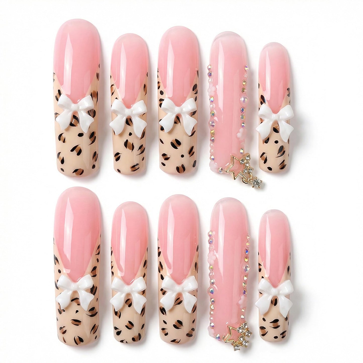 Extra Long Press on Nails Curved Handmade Square Fake Nails French Tip Artificial Nail with Bow and Leopard Designs False Nails Sparkly Pink Full Cover Stick on Nail for Women 10Pcs(Size M)