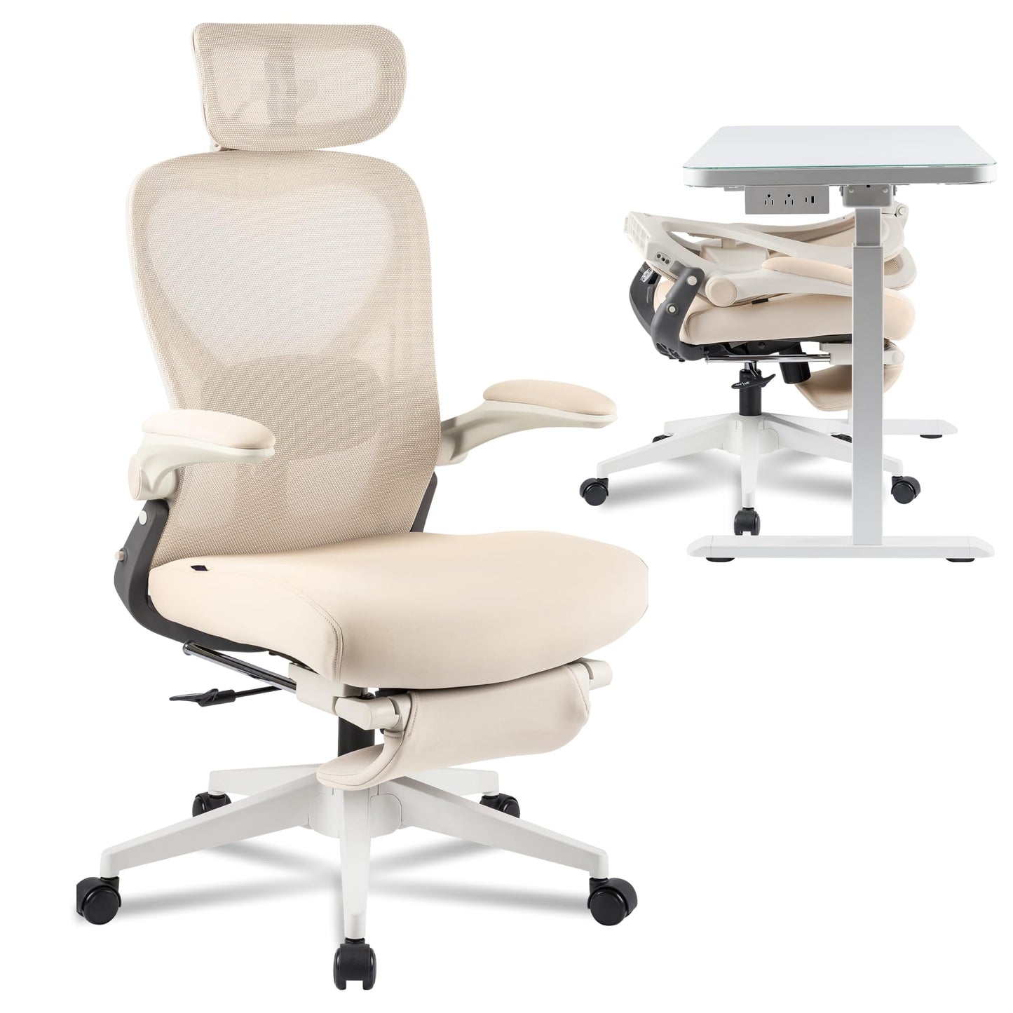 FLEXISPOT Foldex Ergonomic Office Chair, Folding Chair for Small Spaces with Lumbar Support, Flip-up Armrests, 3D Headrest, Desk Chairs with Footrest for Work,Video Game (Foam Seat, Cream)