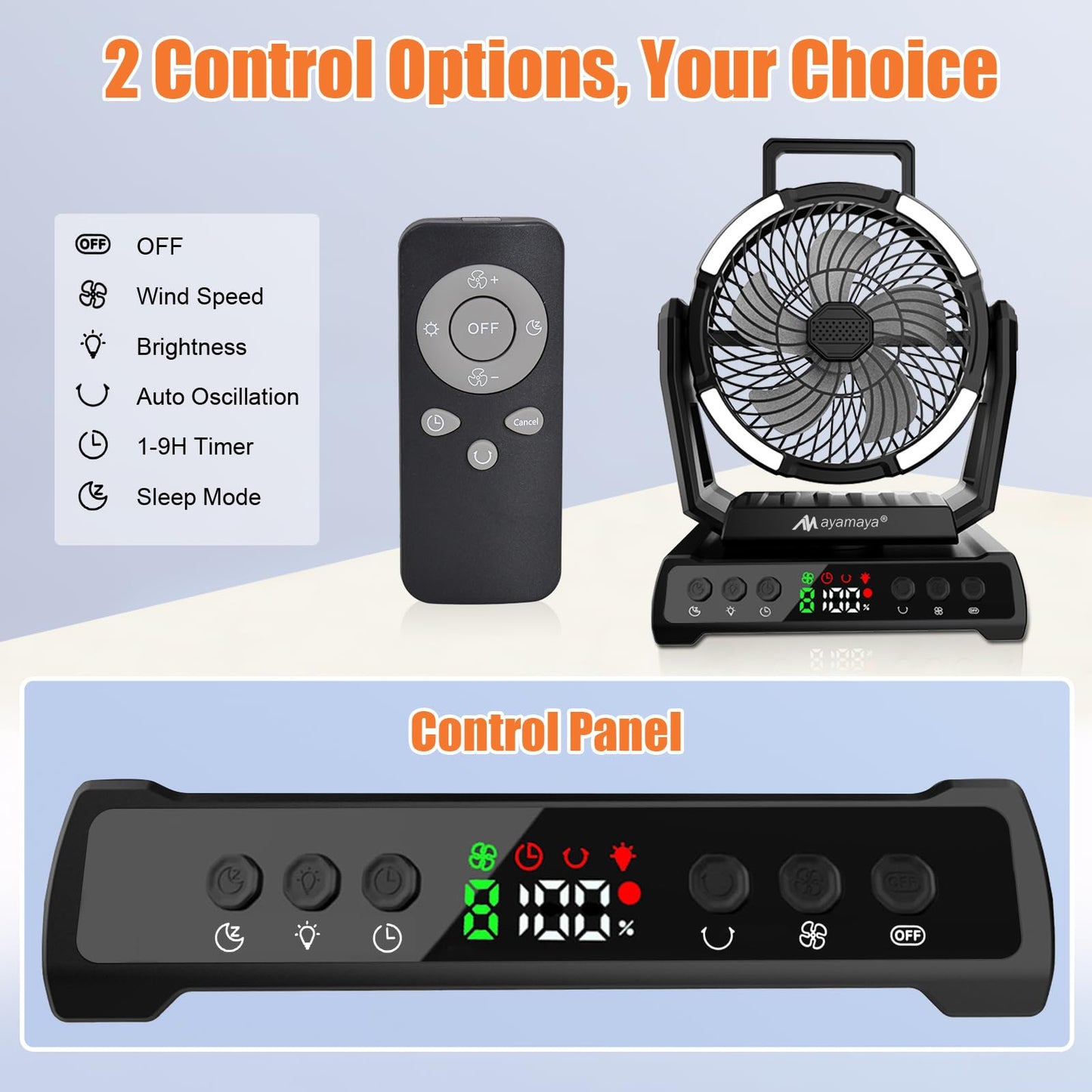 AYAMAYA Camping Fan + Air Mattress, 9 Speeds Battery Powered Fans with Digital Display, 6-6.5ft Full Size Truck Bed with Cordless Pump for Outdoor Camping, Road Trip