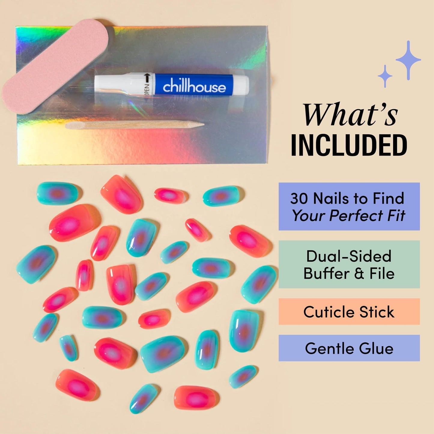 Chillhouse - Chill Tips, Press on Nails Kit - Mood Ring (Oval) - 30 Nail Shapes & Sizes - Up to 2 Weeks of Wear - Customizable Fit - Reusable - Latina Founded & Women Owned - Beauty & Self Care