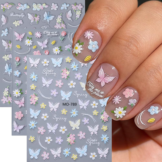 Butterfly Flower Nail Art Stickers Summer Spring 5D Embossed Nail Decals 3PCS Self-Adhesive Exquisite Floral Nail Stickers Flower Nail Art Accessories for Women Acrylic Manicure Nail Decoration DIY