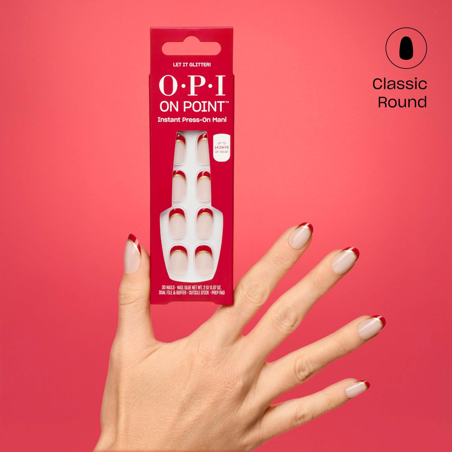 OPI On Point Let it Glitter! | Short Round Gold & Red Glitter French Tip Press On Nails | 30 Count with Nail Glue | Reusable, Non-damaging | Amazon Exclusive | Holiday Shades 2025