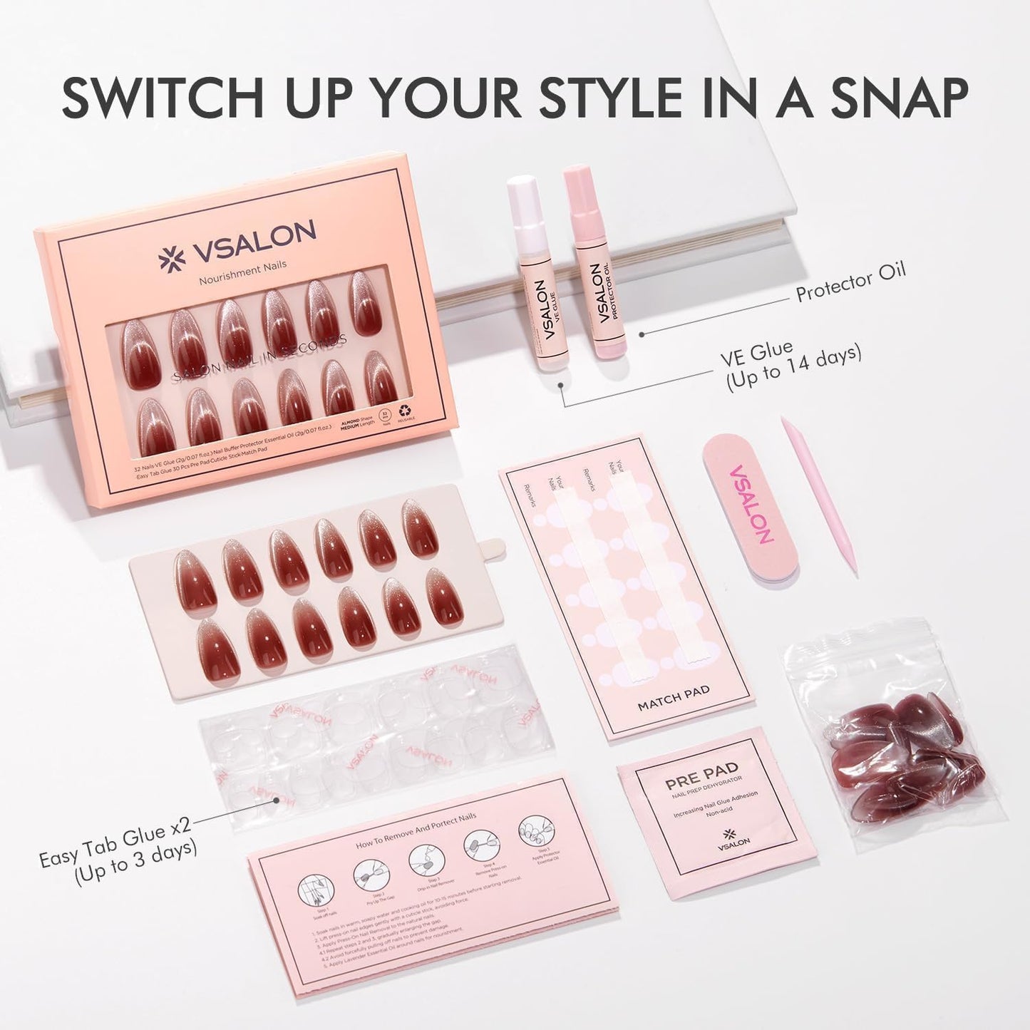 VSALON Almond Medium Press on Nails, Red Maroon Ombre Cat Eye French Tip Summer Semi-transparent Glossy Glitter False Nails, Reusable Gel Fake Nails Kit - 32 PCS in 16 Sizes with Glue & Cuticle Oil