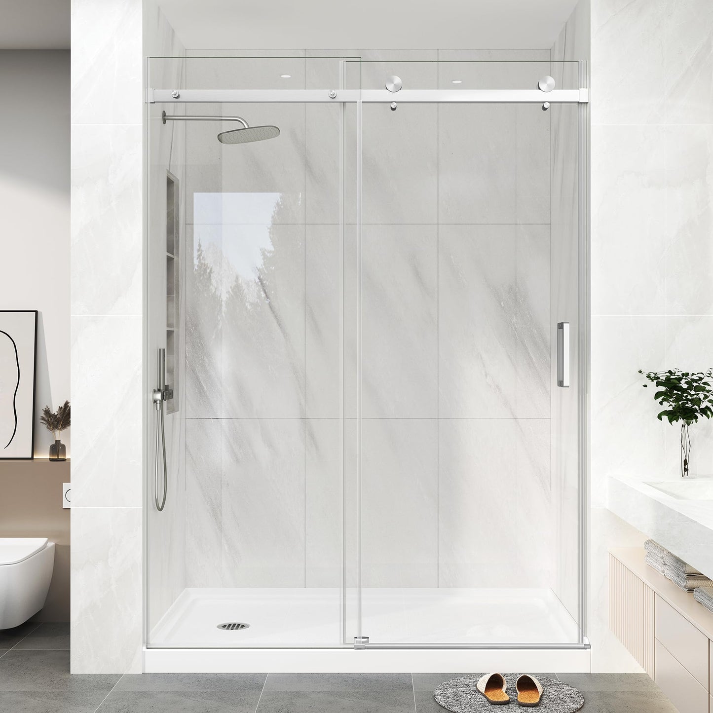 KPUY Frameless Shower Door, 43-48" W x 76" H Sliding Glass Shower Door, 1/4" (6mm) Thick Tempered Clear Glass with Explosion-Proof Film Nano Coating in Brushed Nickle Finish