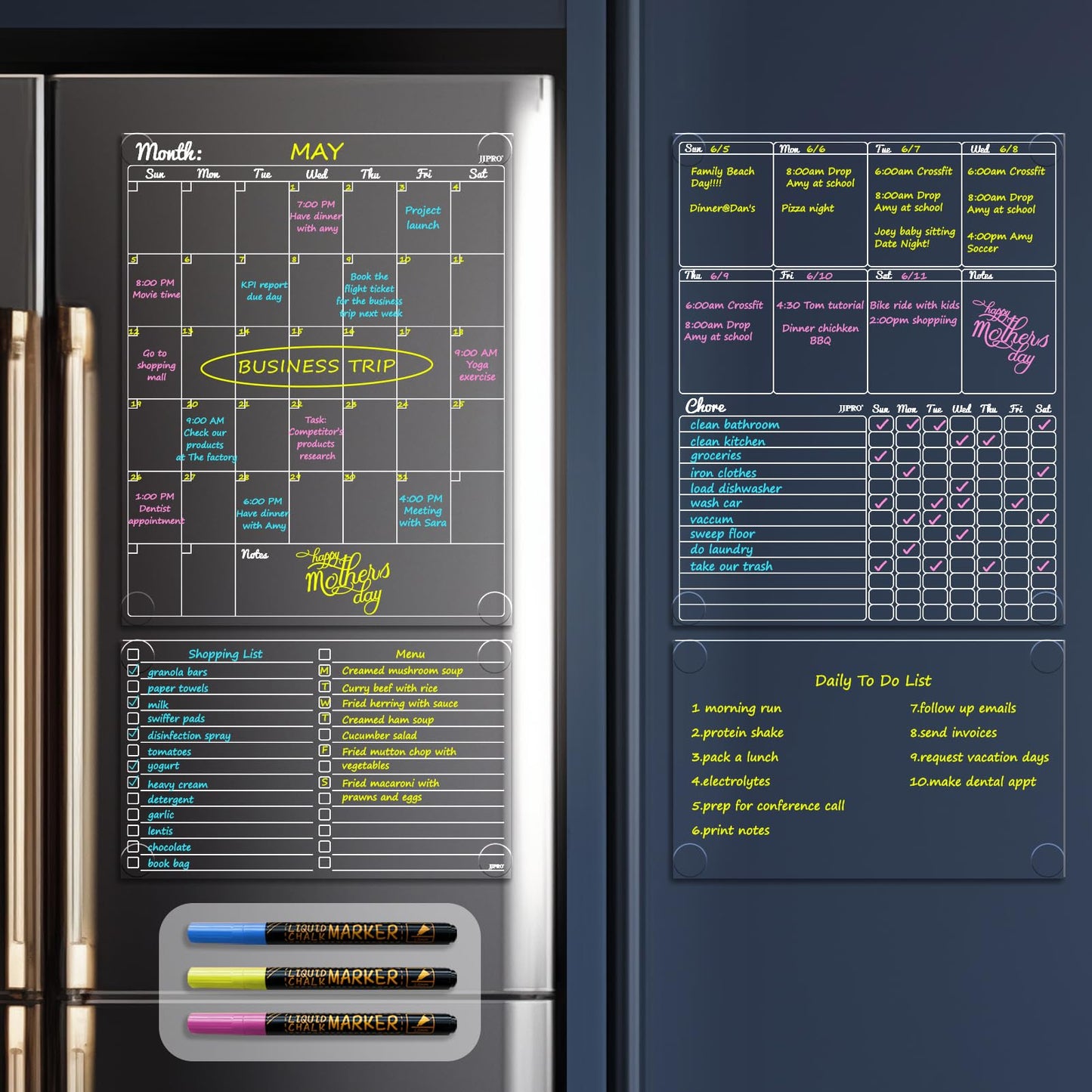 JJPRO Non-Magnetic Dry Erase Calendar - Monthly & Weekly Chart, List & Blank Board for Smooth Surfaces. Clear Reusable Calendar Sticks to Fridge, Cabinet, Door & Glass