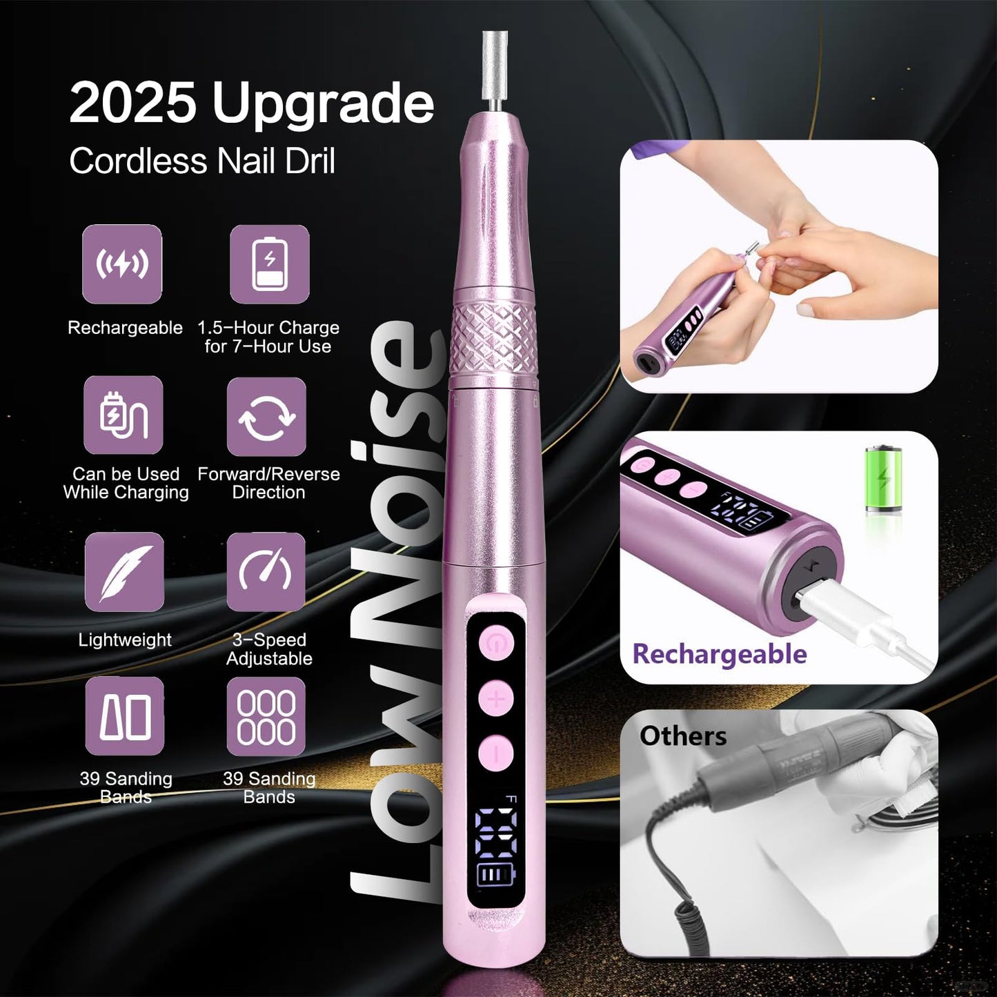 Cordless Nail Drill Electric Nail File Kit Rechargeable Professional Efile Nail Set, Portable Acrylic Gel Nail Polish Remover Machine Pedicure Manicure Tool, 11 Bits 39 Sanding Bands Salon Home