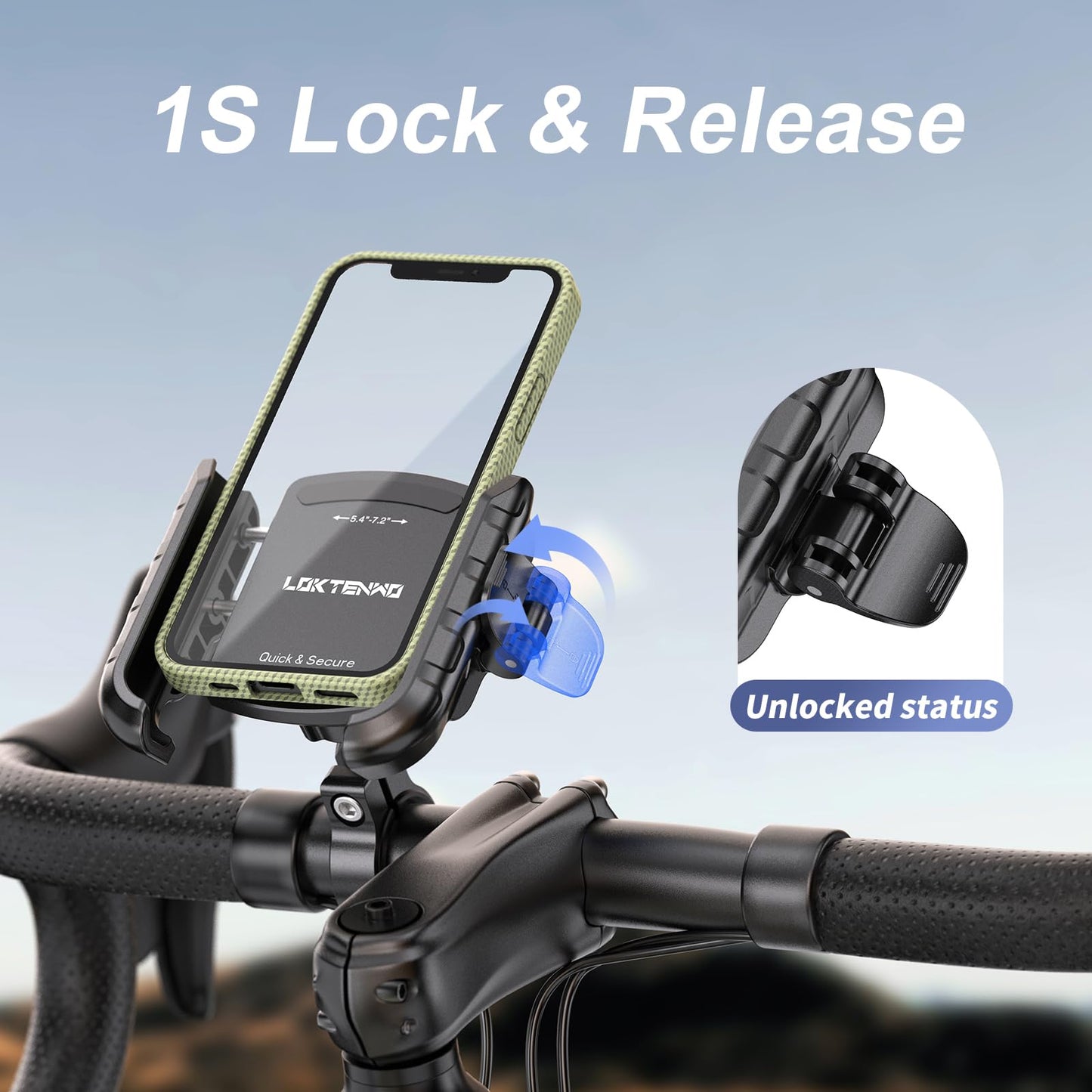 LOKTENWO Bike Motorcycle Phone Mount with Aluminum Alloy Mounting Base, [1s Lock & Release] [Camera Friendly] Bicycle Handlebar Cell Phone Holder for Scooter ATV, Fit 5.4-7.2" Smartphone
