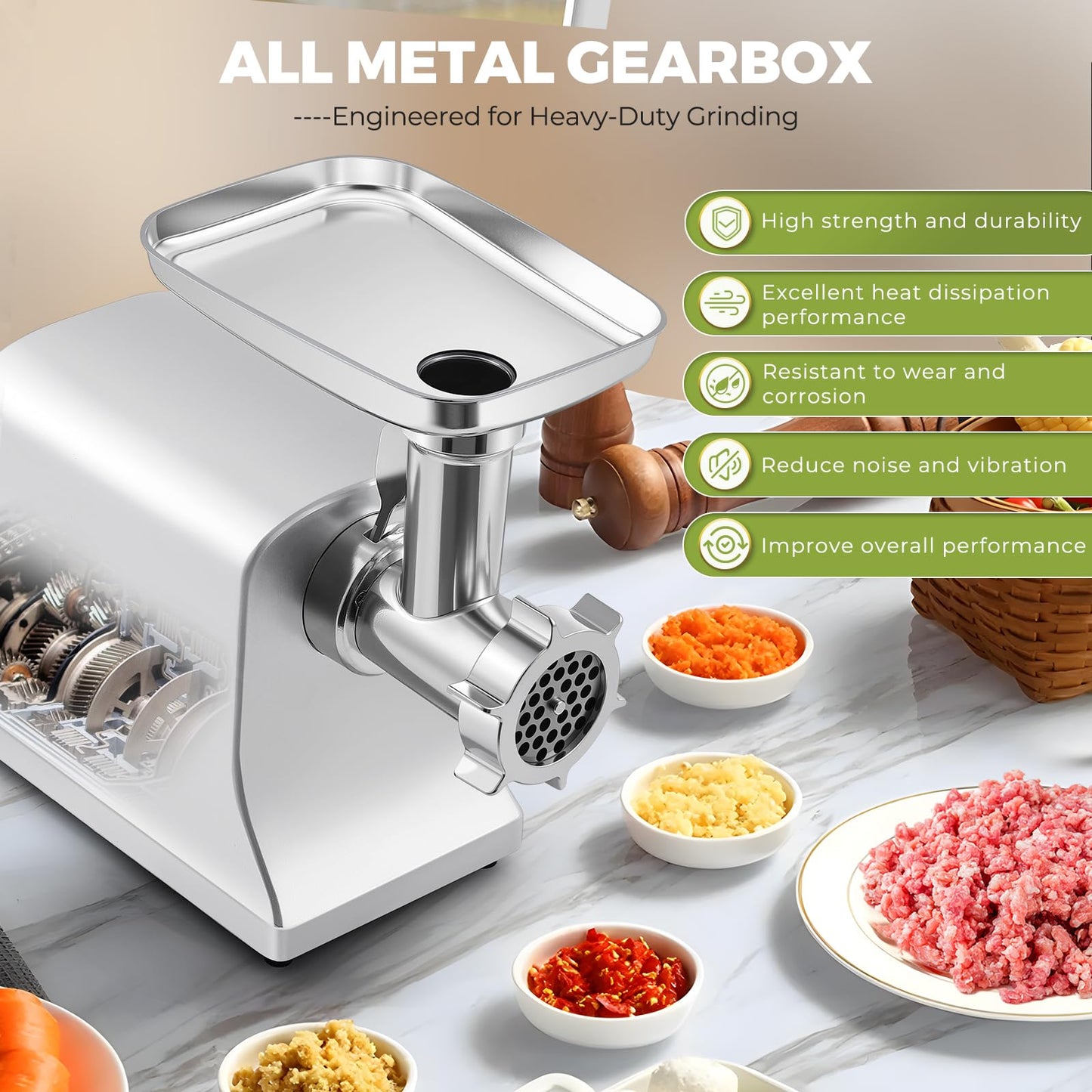 Flyseago Electric Meat Grinder 3200w Commercial Heavy Duty Metal Gearbox Meat Grinder and Sausage Stuffers, Kubbe Kit for Household Use & Commercial