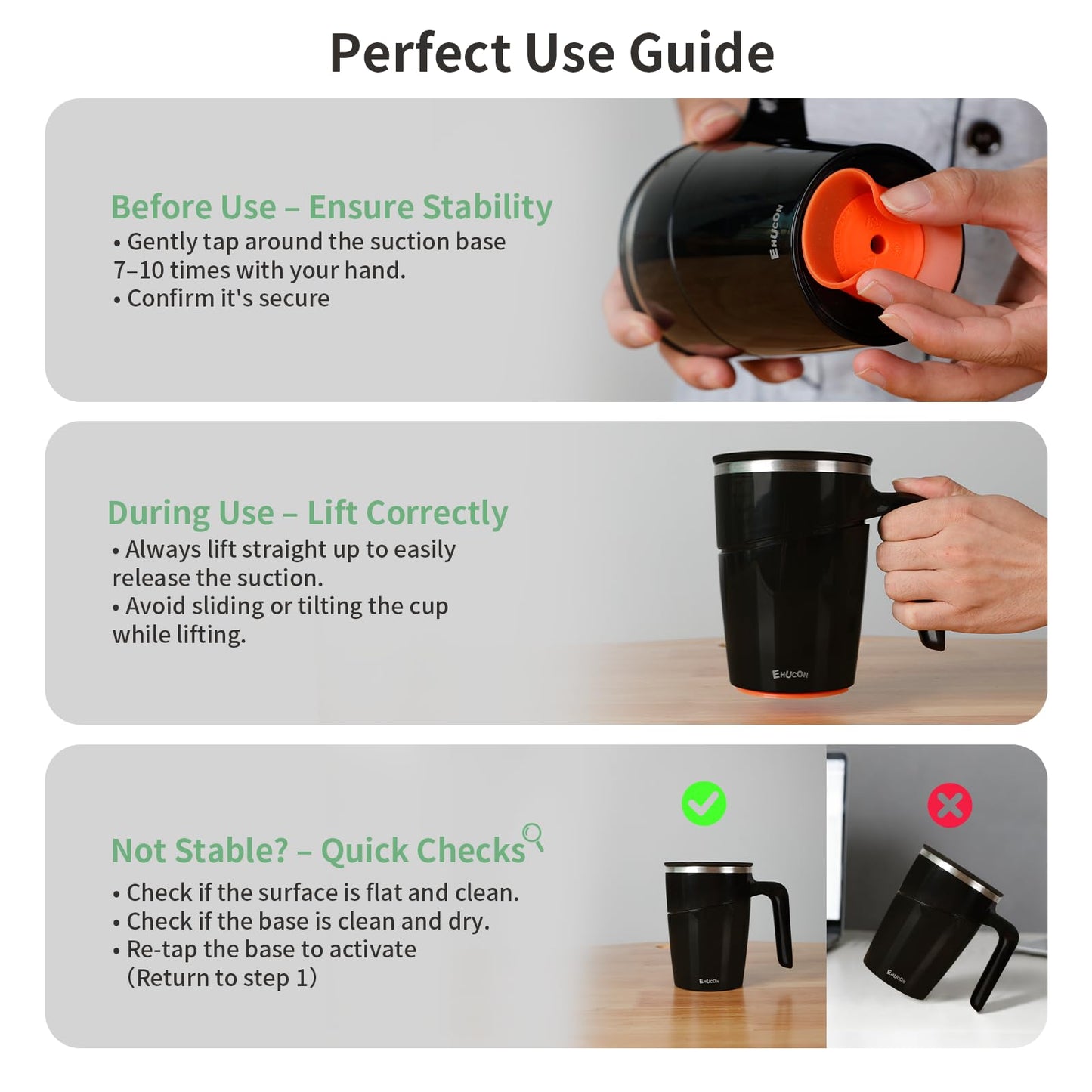 Anti-Impact No-Tip Desk Mug, 470ml / 15.9oz Stainless Steel Vacuum Insulated Mug with Handle, Smart Suction Base, Non-Slip & Knock Proof, Helps Prevent Desk Spills for Coffee, Tea, Kids & Pets (Black)