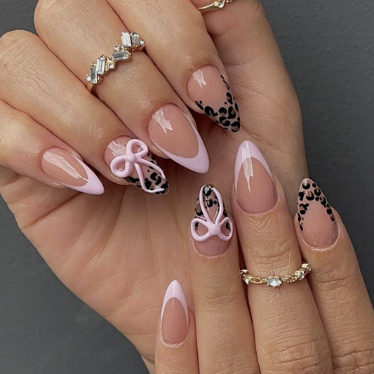 Almond Press on Nails Long Fake Nails French Artificial Nail Pink Bow Designs Cute Stick on Nail for Women 24pcs