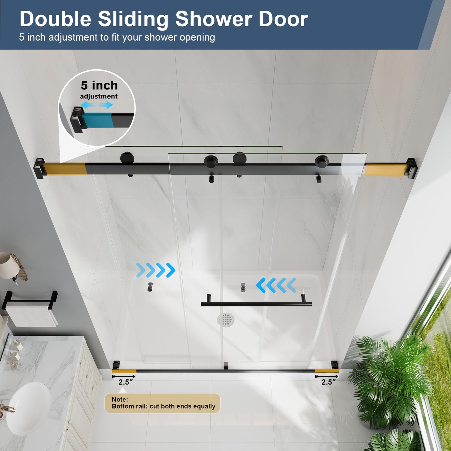 EASYWORC Frameless Double Sliding Shower Doors, 43-48" W x 76" H Shower Glass Door, 1/4" (6mm) Thick ANSI Certified Tempered Glass with Explosion-Proof Film and Nano Coating,Matte Black