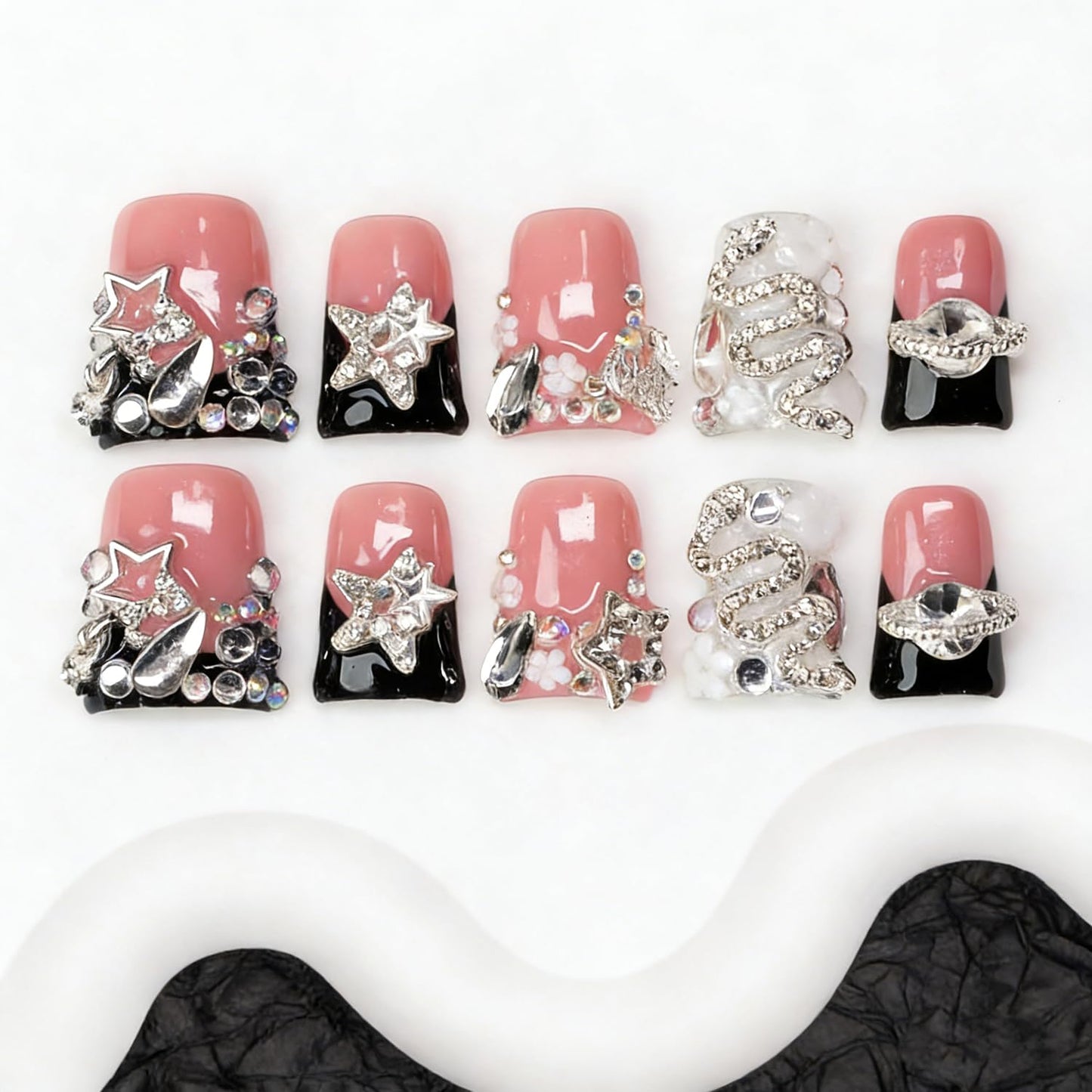 Rhinestone Handmade Press on Nails Duck Fake Nails Black French Tip with 3D Flower Stars Designs Luxury Handmade Rhinestone Charm Sparkly Muti-Layer Gel Acrylic Nails for Women 10Pcs (M）