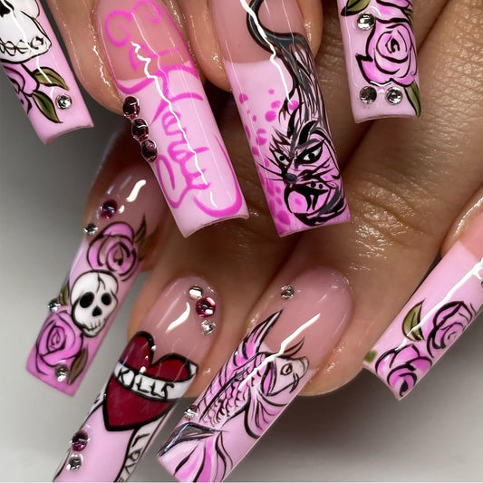 24Pcs Pink French Tip Press on Nails Long Coffin Fake Nails with Hand-drawn Koi Rose Skull Design Y2K Glue on Nails Manga Style False Nails Handmade Full Cover Stick on Nails for Women Manicure Decor