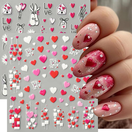 Valentine’s Day Nail Stickers for Nail Art, 5D Embossed Love Heart Nail Decals 2PCS Red White Pink Heart Envelope Rose Balloons Self-Adhesive Valentines Nails Design Manicure Accessories for Women