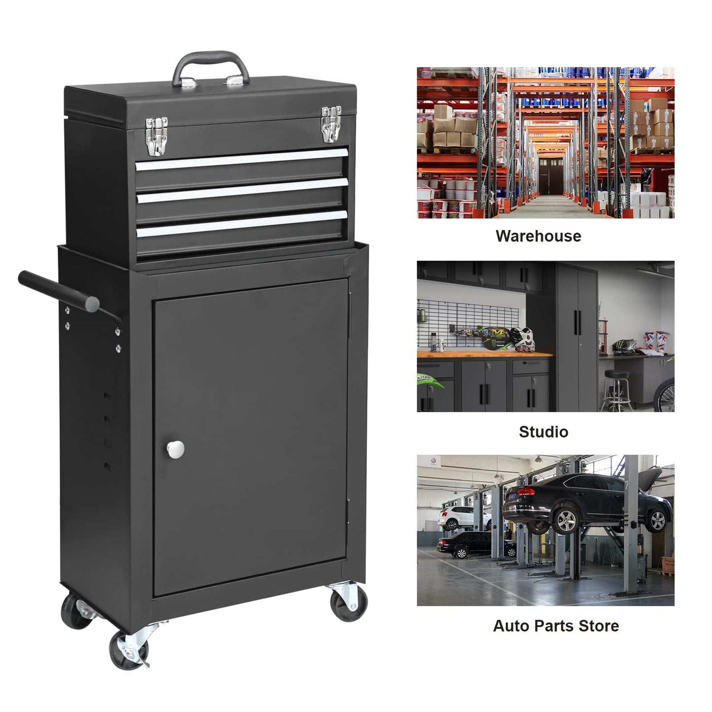 GSTANDARD APTB202B Torin Rolling Garage Tool Cabinet: Detachable 3 Drawer Tool Chest with Large Storage Cabinet and Adjustable Shelf, Black
