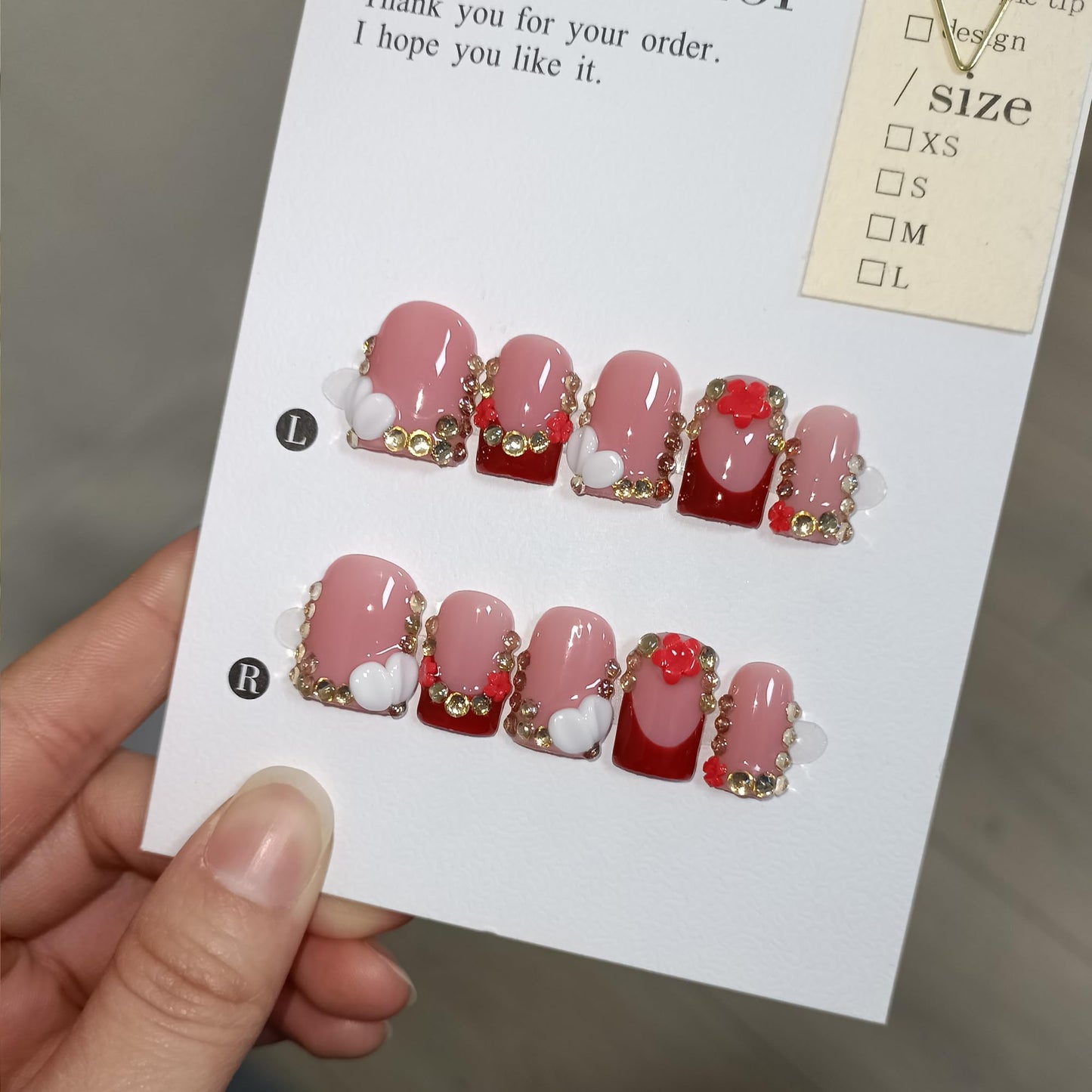 TENPAL Short Squoval Press on Nails - Red French Tip with Rhinestone Edge & Floral | Nude Pink Glossy Fake Nails | Clean Girl Manicure Set(S)