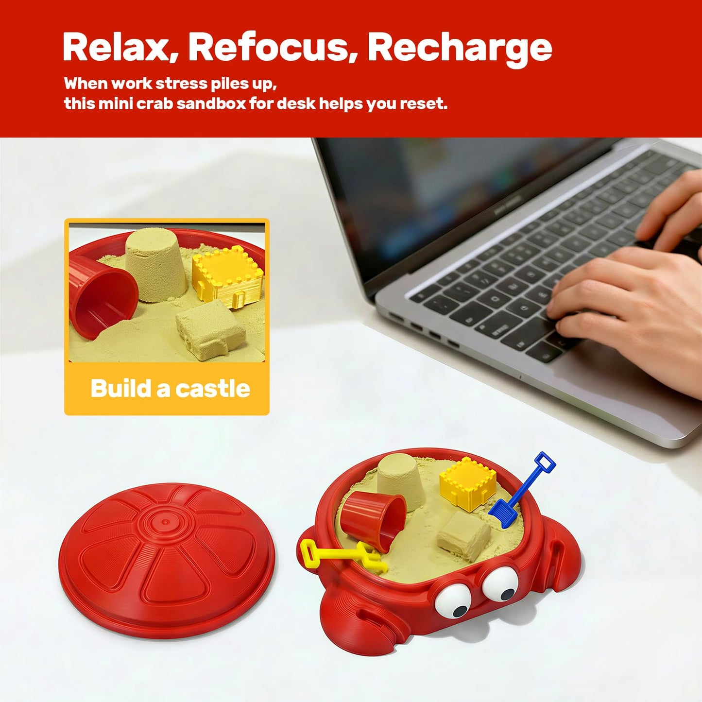 Estairkas Mini Crab Sandbox Zen Garden for Desk, Desktop Sand Tray with Lid for Stress Relief, Funny Office Desk Decor Gift for Coworkers, Birthday, Friends, Crab Lovers