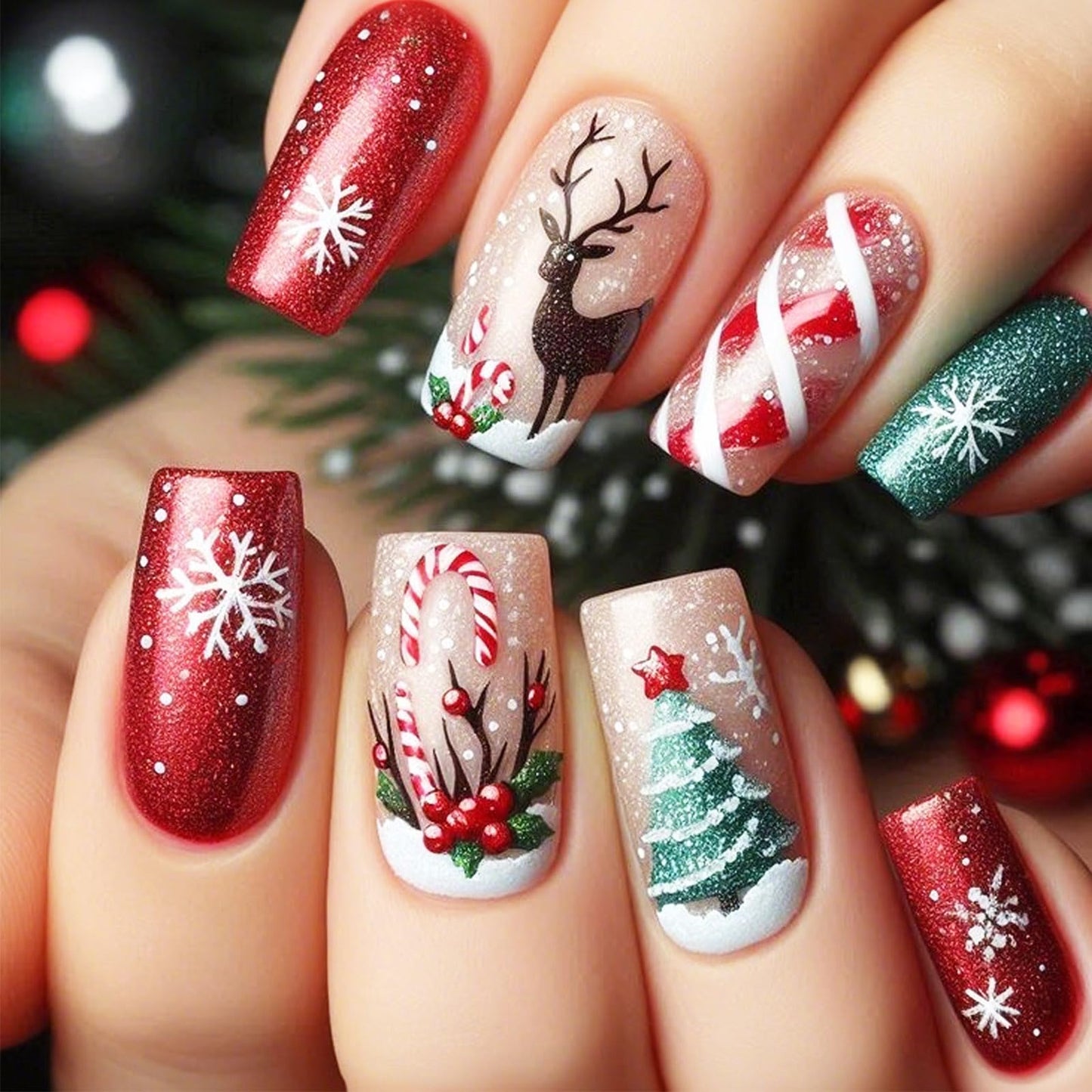 24Pcs Brown Elk Press on Nails Christmas Tree Gel Glue on Nail Christmas Medium Square False Nails Snowflake Stick on Fingernails Glossy Red Stars Acrylic Fake Nail for Women Xmas Gift