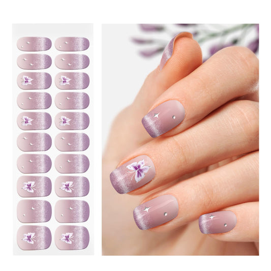 OAUEE Semi Cured Gel Nail Strips | Gel Nail Stickers with UV Light Required | Salon Quality, Easy Application and Removal（Purple Butterfly Cat's Eye）