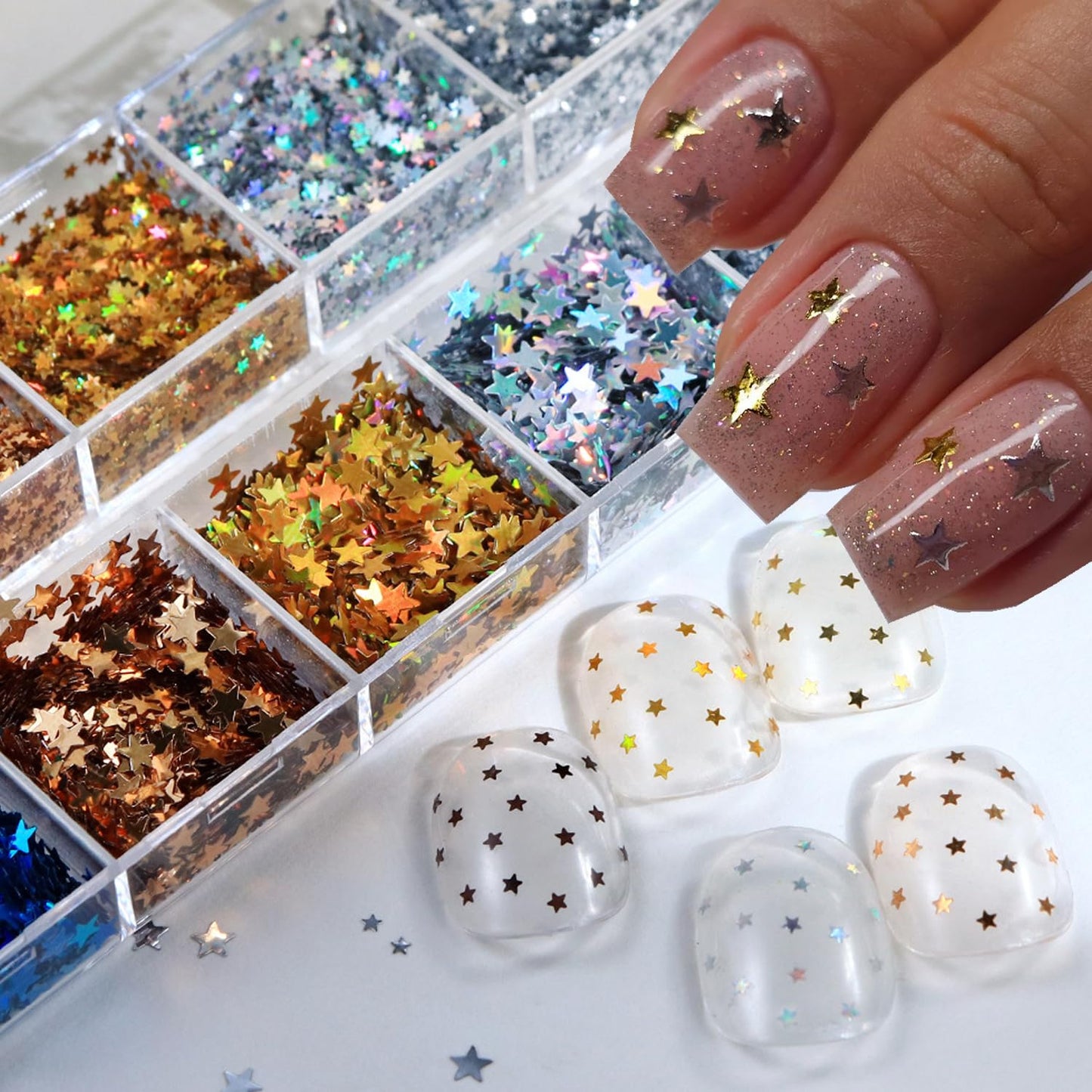 12-Grid Mini Star Holographic Nail Glitter,Mixed Five-Pointed Stars Shaped Nail Sequins Golden Silvery Sparkling Star Nail Design Pentagram Flake Shiny DIY Manicure Accessories for Women