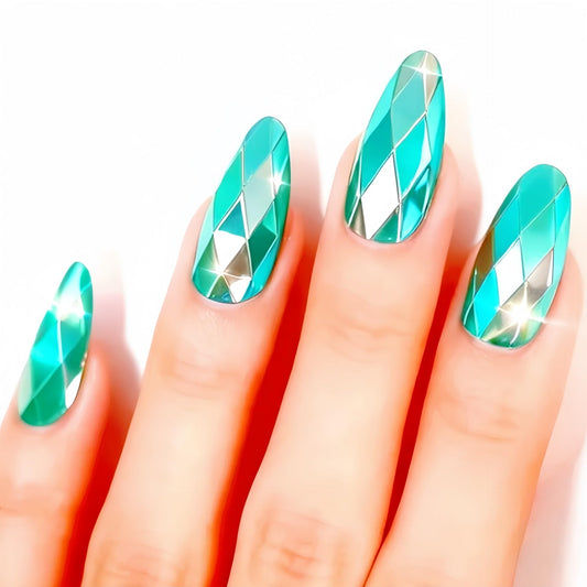RUOKEXIN Almond Press on Nails Medium Length Fake Nails Light Blue Chrome False Nails with 3D Rhombus Designs Full Cover Nail Press ons Sparkly Artificial Nails for Women 24Pcs