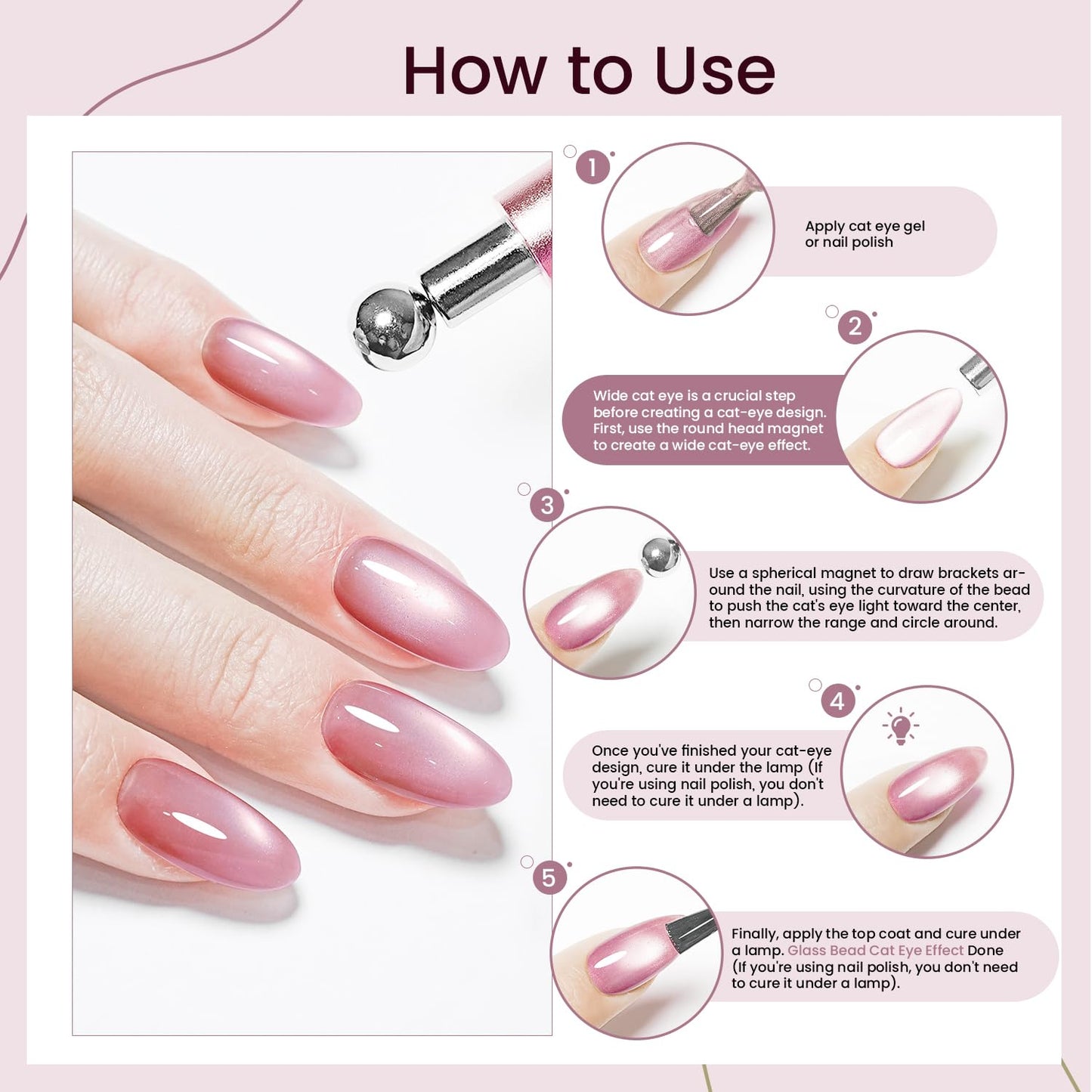 JODSONE 3-in-1 Cat Eye Magnet Nail Art Tool,Pink Gold Cylindrical & Round Ball Nail Magnet Pens, Multi-Effect Magnets for Cat Eye Gel Polish DIY at Home Salon(Magnet Only, No Gel Included)