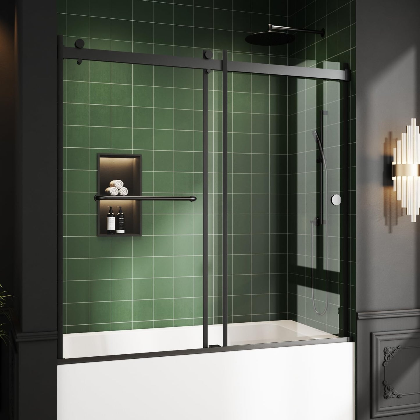 Bathtub Sliding Door, 55"-60" W x 56" H Tub Shower Door, Bathtub Glass Door Bathtub Double Sliding Shower Door Tempered Glass Explosion-Proof Film Stainless Steel Matte Black