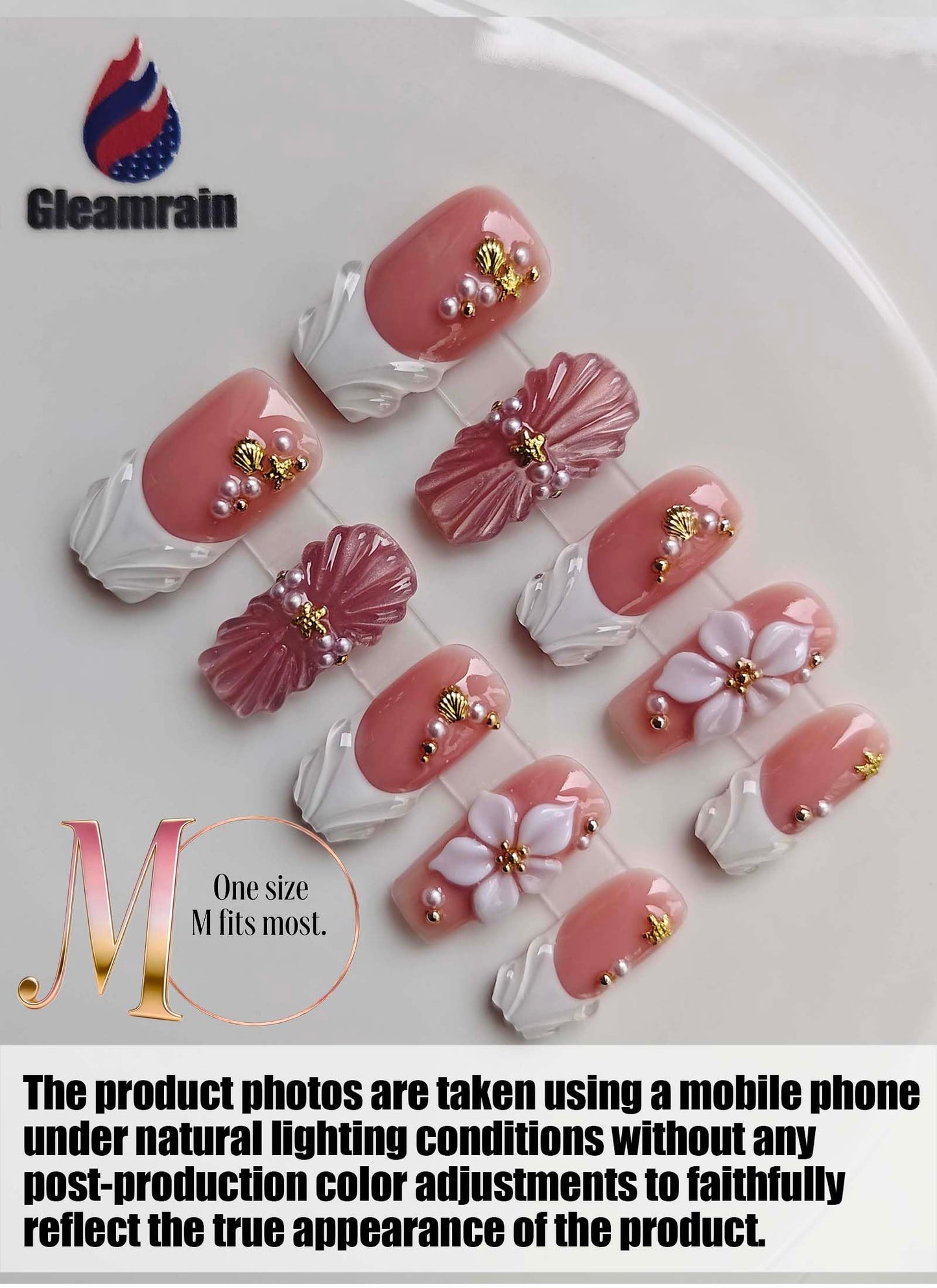Gleamrain 10pcs Handmade Long Press-on Nails Coffin Shape (M Size) with 3D Flower Designs for Women Suitable for Summer Vacation, Beach Proms, Parties or Daily Wear, D109