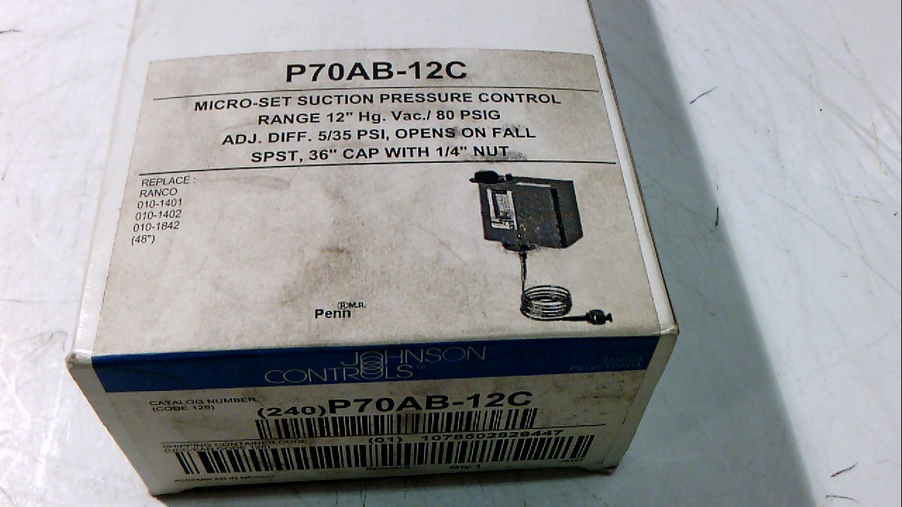 Johnson Controls P70AB-12C Micro-Set Control for Non-Corrosive Refrigerants, Single-Pole, Single-Throw, Open Low, 80 psi Maximum Working Pressure, 36" Capillary, 1/4" Flare Nut
