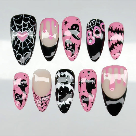 30Pcs Halloween Press on Nails Medium Almond French Tip Fake Nails with Black Ghost Bat Spider Web Design Glossy False Nails Full Cover Artificial Glue on Nails Pink Heart Stick on Nail for Women DIY