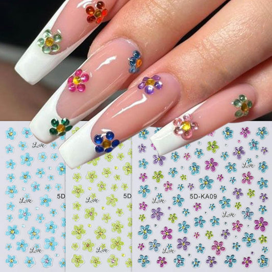 3Pcs Flower Nail Art Stickers 5D Embossed Summer Nail Decals Blue Green Pink Petal Flowers Designs Soft Gel Nails Sticker Spring Floral Self Adhesive Nail Art Supplies DIY Acrylic Nails Accessories