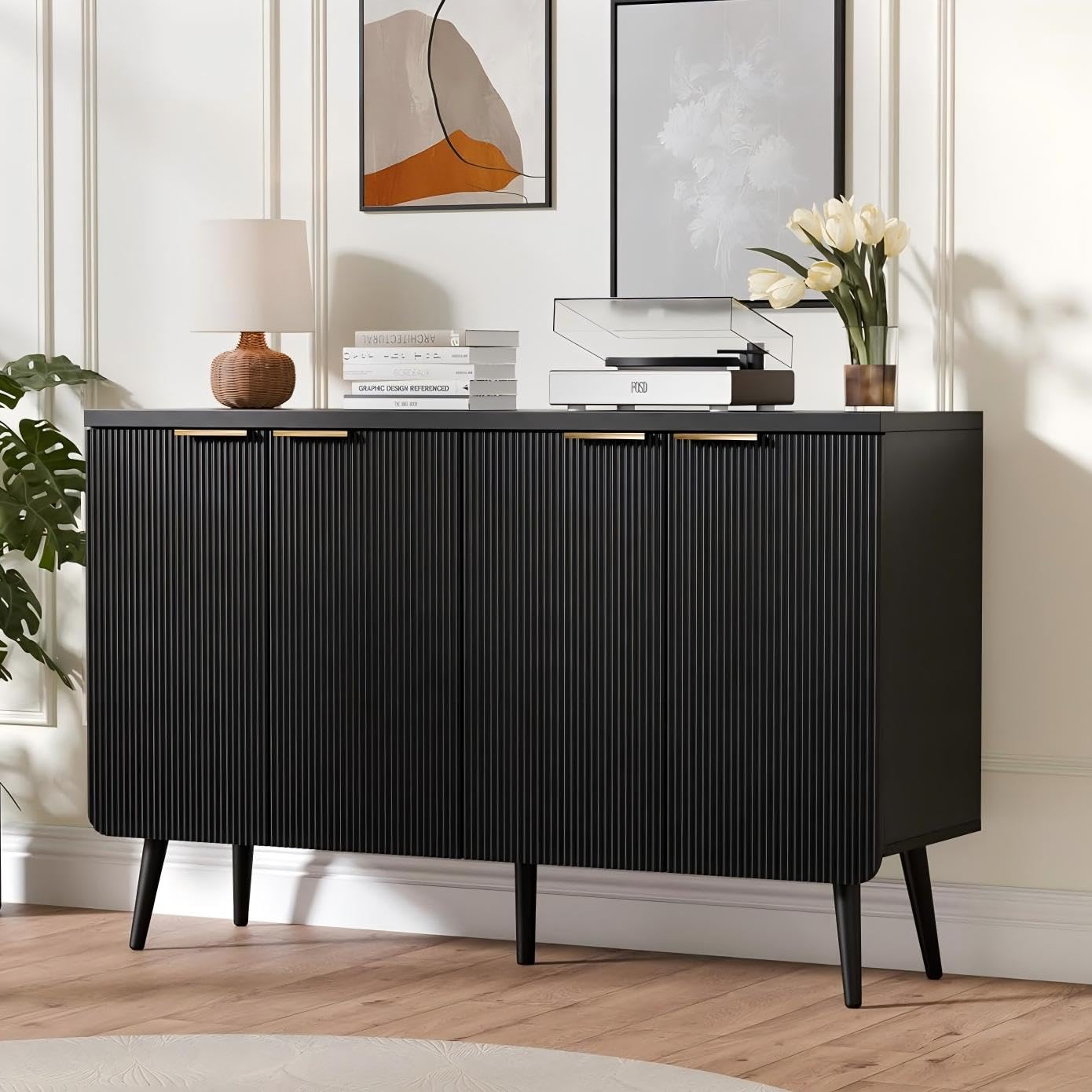 Trygoal 47.2" Wood Fluted Sideboard with 4 Doors, Modern Buffet Cabinet with Shelves, Multi-Space Storage Credenza Kitchen for Entryway, Dining & Living Room, Black