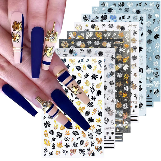 8Sheets Gold Maple Leaf Nail Stickers - 3D Fall Holographic Autumn Nail Art Sticker Maple Leaves Design Foils Laser Shiny DIY Thanksgiving Day Manicure Accessories