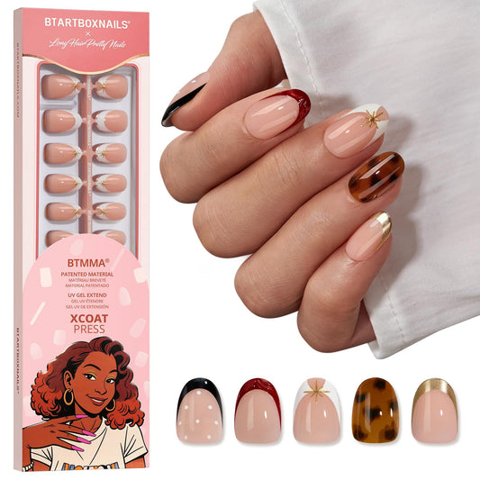 BTArtboxnails X LONGHAIRPRETTYNAILS Press On Nails - Whispers of Glamour, 5 Designs Mix Match Short Oval French Tip Press On Nails, 160 Pcs Salon Quality Soak Off Soft Gel Nail Tips in 16 Sizes