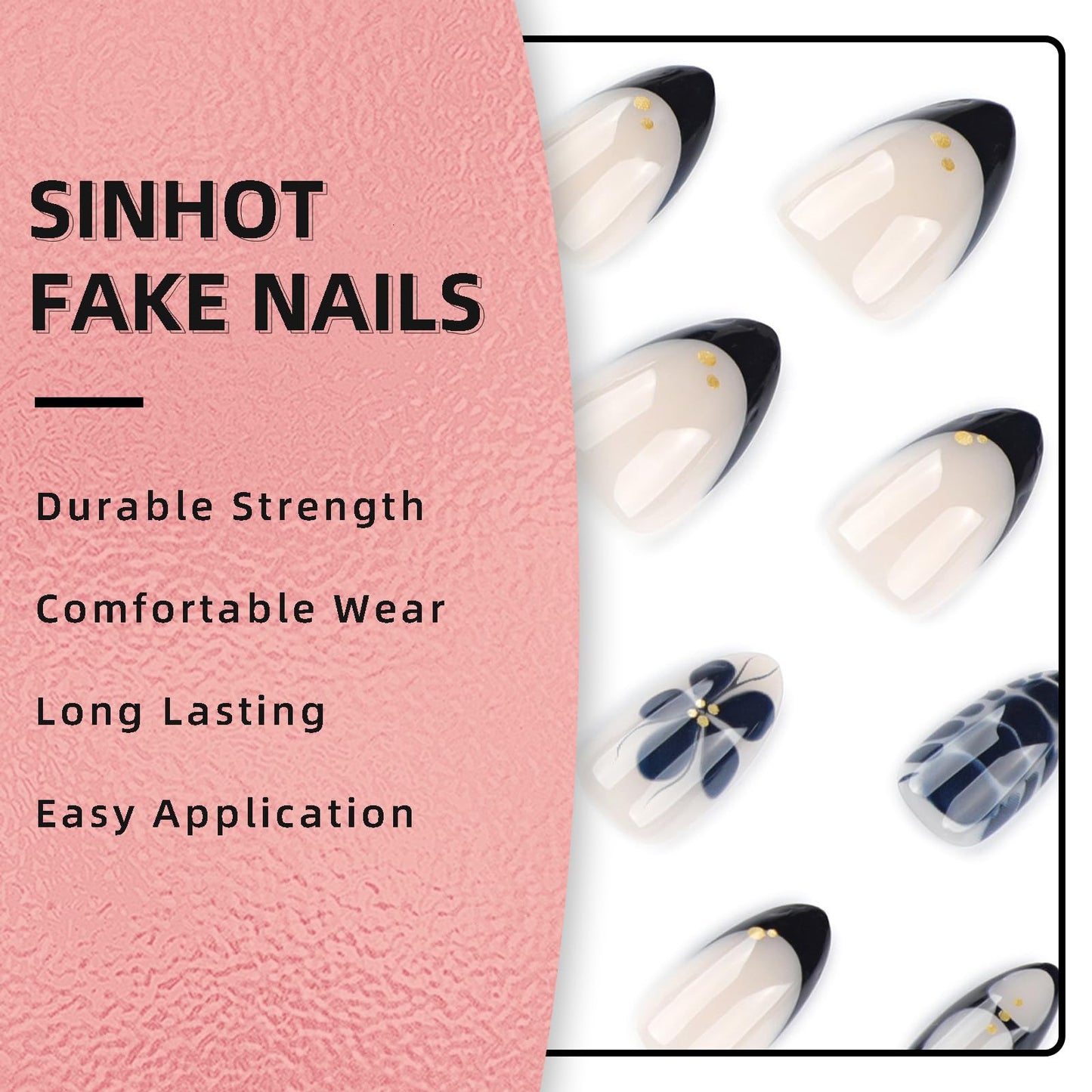 SINHOT Almond Press on Nails - Short Fake Nails, Glossy Finish, Goth Blue Flower & Crocodile Print, DIY Artificial False Nail Art - 24 Pcs Nail Kit with Glue