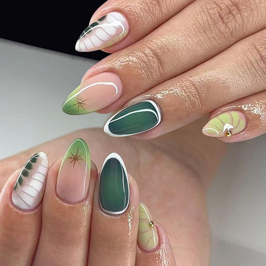 Spring Press on False Nails Green French Tip Fake Nails Medium Almond Glue on Nails with Marble, Gold Star Designs Glossy Press ons Stick on Nail for Women Manicure 24Pcs