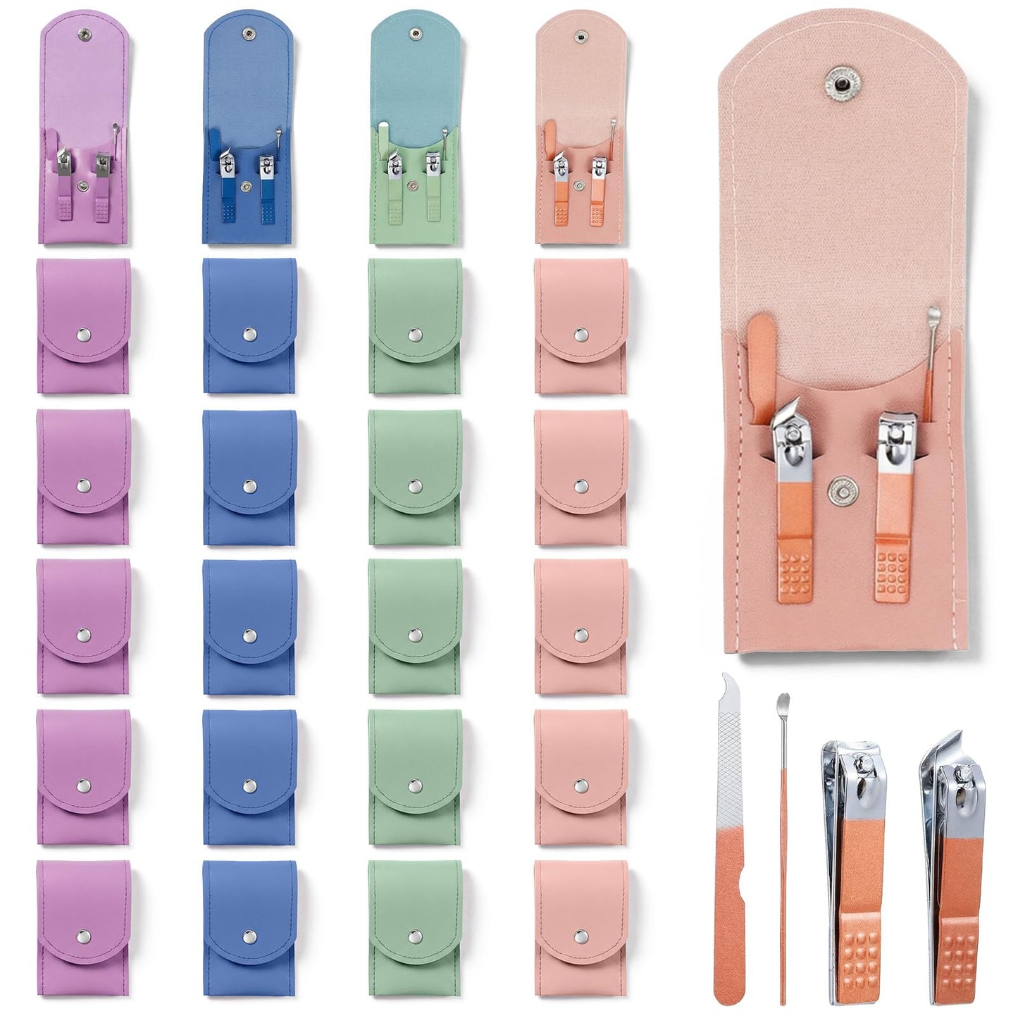 24 Sets Finger Nail Clipper Set Bulk, 4 in 1 Adult Stainless Steel Travel Manicure Kit with Case Individually Wrapped Nail Clippers Bulk for Homeless, Hotel, Charity(4 Colors)