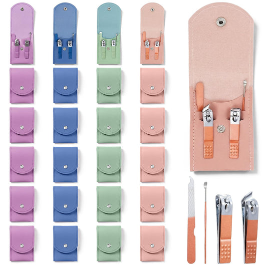 24 Sets Finger Nail Clipper Set Bulk, 4 in 1 Adult Stainless Steel Travel Manicure Kit with Case Individually Wrapped Nail Clippers Bulk for Homeless, Hotel, Charity(4 Colors)