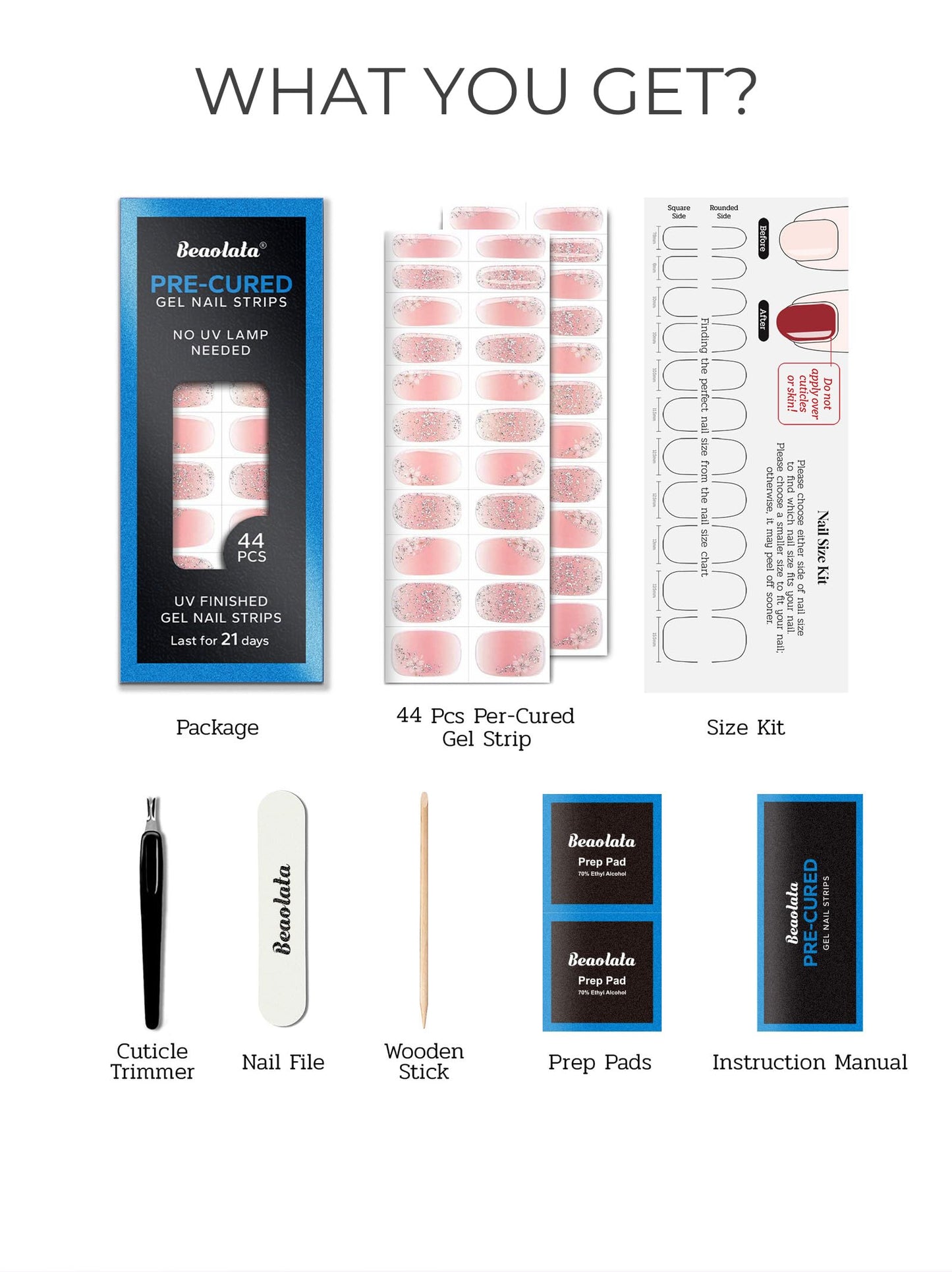 Beaolata Real Gel Nail Strips (No UV Light Needed) - 44Pcs Salon Quality Nail Stickers - Long Lasting Polish Wraps for Women, Easy Apply & Remove (Sparkle Pink