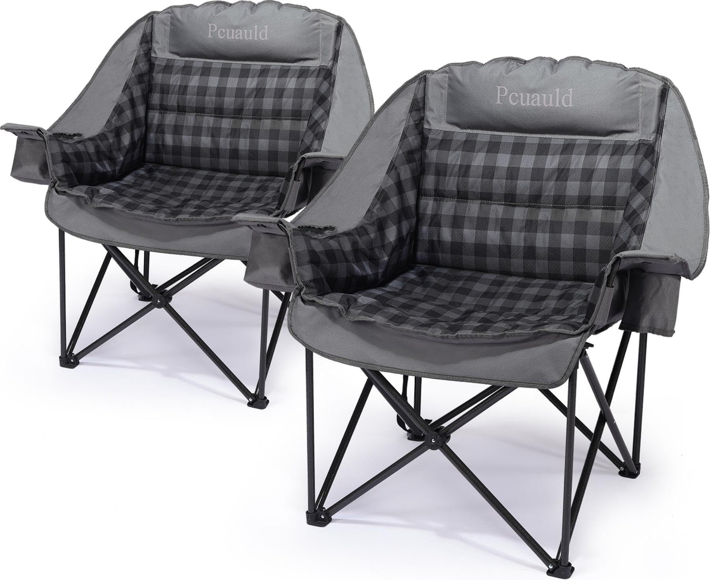 Pcuauld Camping Chairs for Adults 2 Pack Heavy Duty Padded Folding XL Camp Chair with Cup Holder, Supports 500lbs, Oversized Large Outdoor Widen Comfy Lawn Chairs for Tailgating Sports Beach
