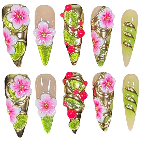 Handmade Luxury Floral Press On Nails, Long Stiletto 3D Pink Petals & Emerald Green Glitter Ombre, Gold Foil Acrylic Reusable False Nails Elven Forest (S)